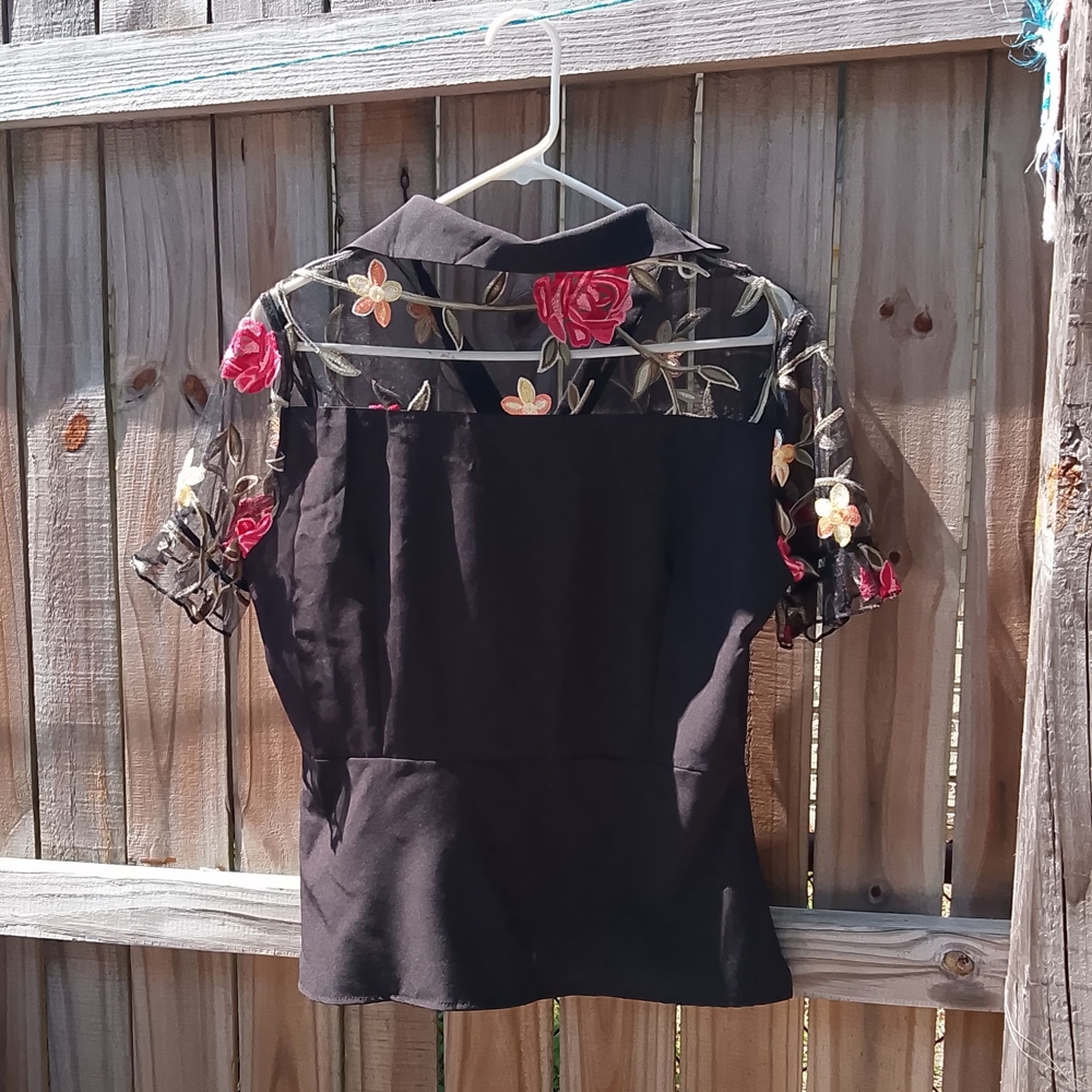 Whimsyygoth Black Mesh Floral Embroidered Blouse Puff Sleeves Sweetheart Peplum - Picture 8 of 10